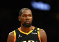 Dec 3, 2024; Phoenix, Arizona, USA; Phoenix Suns forward Kevin Durant (35) against the San Antonio Spurs in the first half of an NBA Cup game at Footprint Center. Mandatory Credit: Mark J. Rebilas-Imagn Images