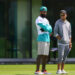 Jun 5, 2024; Miami Gardens, FL, USA; Miami Dolphins wide receiver Odell Beckham Jr. (3) and head coach Mike McDaniel look on during mandatory minicamp at Baptist Health Training Complex. Mandatory Credit: Sam Navarro-USA TODAY Sports