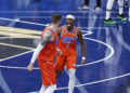 Dec 10, 2024; Oklahoma City, Oklahoma, USA; Oklahoma City Thunder guard Shai Gilgeous-Alexander (2) celebrates with center Isaiah Hartenstein (55) after he dunks against the Dallas Mavericks during the third quarter at Paycom Center. Mandatory Credit: Alonzo Adams-Imagn Images