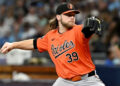 Aug 10, 2024; St. Petersburg, Florida, USA; Baltimore Orioles starting pitcher Corbin Burnes (39) throws a pitch in the first inning against the Tampa Bay Rays at Tropicana Field. Mandatory Credit: Jonathan Dyer-USA TODAY Sports