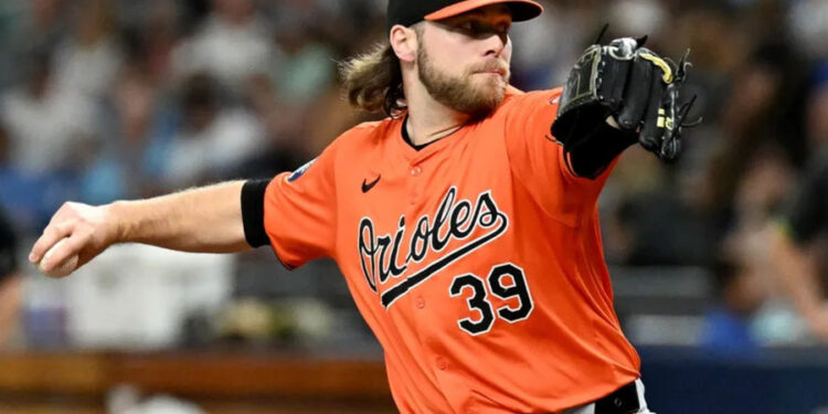 Aug 10, 2024; St. Petersburg, Florida, USA; Baltimore Orioles starting pitcher Corbin Burnes (39) throws a pitch in the first inning against the Tampa Bay Rays at Tropicana Field. Mandatory Credit: Jonathan Dyer-USA TODAY Sports