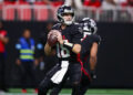 Dec 1, 2024; Atlanta, Georgia, USA; Atlanta Falcons quarterback Kirk Cousins (18) drops back to pass against the Los Angeles Chargers in the fourth quarter at Mercedes-Benz Stadium. Mandatory Credit: Brett Davis-Imagn Images