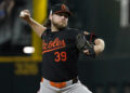 Jul 19, 2024; Arlington, Texas, USA; Baltimore Orioles pitcher Corbin Burnes (39) throws to the plate during the first inning against the Texas Rangers at Globe Life Field. Mandatory Credit: Raymond Carlin III-USA TODAY Sports