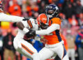 Nov 26, 2023; Denver, Colorado, USA; Denver Broncos linebacker Nik Bonitto (42) sacks Cleveland Browns quarterback PJ Walker (10) in the second half at Empower Field at Mile High. credits: Ron Chenoy-USA TODAY Sports