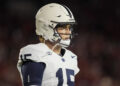 Oct 26, 2024; Madison, Wisconsin, USA; Penn State Nittany Lions quarterback Drew Allar (15) during the game against the Wisconsin Badgers at Camp Randall Stadium. Mandatory Credit: Jeff Hanisch-Imagn Images