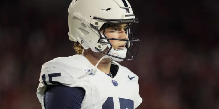 Oct 26, 2024; Madison, Wisconsin, USA; Penn State Nittany Lions quarterback Drew Allar (15) during the game against the Wisconsin Badgers at Camp Randall Stadium. Mandatory Credit: Jeff Hanisch-Imagn Images