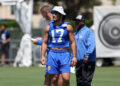 Jul 31, 2024; Los Angeles, CA, USA; Los Angeles Rams wide receiver Puka Nacua (17) looks on during training camp at Loyola Marymount University. Mandatory Credit: Kiyoshi Mio-USA TODAY Sports