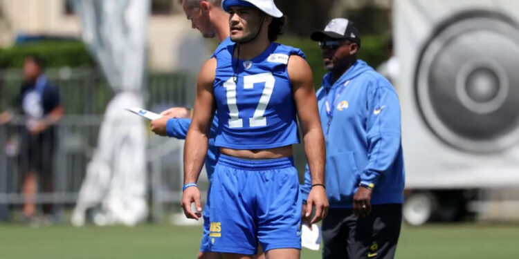 Jul 31, 2024; Los Angeles, CA, USA; Los Angeles Rams wide receiver Puka Nacua (17) looks on during training camp at Loyola Marymount University. Mandatory Credit: Kiyoshi Mio-USA TODAY Sports