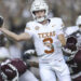 Nov 30, 2024; College Station, Texas, USA; Texas Longhorns quarterback Quinn Ewers (3) attempts a pass as Texas A&amp;M Aggies linebacker Scooby Williams (0) applies defensive pressure during the first quarter at Kyle Field. Mandatory Credit: Troy Taormina-Imagn Images