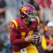 Nov 30, 2024; Los Angeles, California, USA; Southern California Trojans quarterback Jayden Maiava (14) throws the ball against the Notre Dame Fighting Irish in the first half at United Airlines Field at Los Angeles Memorial Coliseum. Mandatory Credit: Kirby Lee-Imagn Images