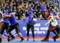 Nov 1, 2024; Boise, Idaho, USA; Boise State Broncos quarterback Maddux Madsen (4) throws a pass during the first quarter against the San Diego State Aztecs at Albertsons Stadium. Mandatory Credit: Brian Losness-Imagn Images