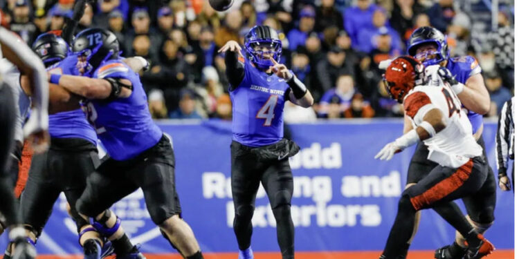 Nov 1, 2024; Boise, Idaho, USA; Boise State Broncos quarterback Maddux Madsen (4) throws a pass during the first quarter against the San Diego State Aztecs at Albertsons Stadium. Mandatory Credit: Brian Losness-Imagn Images