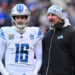 Dec 10, 2023; Chicago, Illinois, USA; Detroit Lions head coach Dan Campbell talks with quarterback Jared Goff (16) in the first half against the Chicago Bears at Soldier Field. credits: Jamie Sabau-USA TODAY Sports