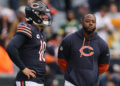 CHICAGO, ILLINOIS - NOVEMBER 17: Caleb Williams #18 and offensive coordinator Thomas Brown of the Chicago Bears look on prior to the game against the Green Bay Packers at Soldier Field on November 17, 2024 in Chicago, Illinois. (Photo by Michael Reaves/Getty Images)