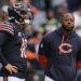 CHICAGO, ILLINOIS - NOVEMBER 17: Caleb Williams #18 and offensive coordinator Thomas Brown of the Chicago Bears look on prior to the game against the Green Bay Packers at Soldier Field on November 17, 2024 in Chicago, Illinois. (Photo by Michael Reaves/Getty Images)