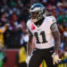 LANDOVER, MD - DECEMBER 22: A.J. Brown #11 of the Philadelphia Eagles celebrates after catching a pass for a touchdown against the Washington Commanders during the first half of the game at Northwest Stadium on December 22, 2024 in Landover, Maryland. (Photo by Scott Taetsch/Getty Images)