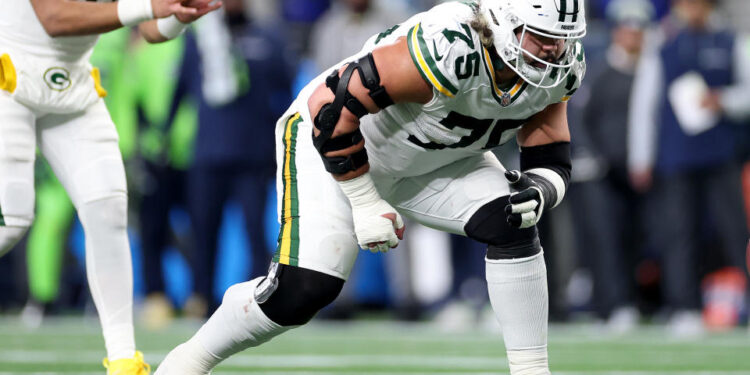 SEATTLE, WASHINGTON - DECEMBER 15: Sean Rhyan #75 of the Green Bay Packers in action against the Seattle Seahawks at Lumen Field on December 15, 2024 in Seattle, Washington. (Photo by Steph Chambers/Getty Images)