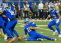 Dec 5, 2024; Detroit, Michigan, USA; Detroit Lions quarterback Jared Goff (16) burns some time off of the clock late in the fourth quarter of the game against the Green Bay Packers at Ford Field. Mandatory Credit: David Reginek-Imagn Images