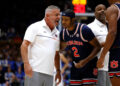 DURHAM, NORTH CAROLINA - DECEMBER 4: Head coach Bruce Pearl of the Auburn Tigers talks with Denver Jones #2 prior to their game against the Duke Blue Devils at Cameron Indoor Stadium on December 4, 2024 in Durham, North Carolina. (Photo by Lance King/Getty Images)