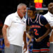 DURHAM, NORTH CAROLINA - DECEMBER 4: Head coach Bruce Pearl of the Auburn Tigers talks with Denver Jones #2 prior to their game against the Duke Blue Devils at Cameron Indoor Stadium on December 4, 2024 in Durham, North Carolina. (Photo by Lance King/Getty Images)