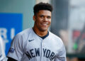 ANAHEIM, CALIFORNIA - MAY 28: Juan Soto #22 of the New York Yankees smiles in the dugout in the first inning during a game against the Los Angeles Angels at Angel Stadium of Anaheim on May 28, 2024 in Anaheim, California. (Photo by Brandon Sloter/Getty Images)