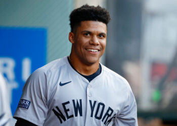 ANAHEIM, CALIFORNIA - MAY 28: Juan Soto #22 of the New York Yankees smiles in the dugout in the first inning during a game against the Los Angeles Angels at Angel Stadium of Anaheim on May 28, 2024 in Anaheim, California. (Photo by Brandon Sloter/Getty Images)