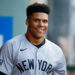 ANAHEIM, CALIFORNIA - MAY 28: Juan Soto #22 of the New York Yankees smiles in the dugout in the first inning during a game against the Los Angeles Angels at Angel Stadium of Anaheim on May 28, 2024 in Anaheim, California. (Photo by Brandon Sloter/Getty Images)