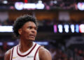 HOUSTON, TEXAS - DECEMBER 27: Amen Thompson #1 of the Houston Rockets reacts against the Minnesota Timberwolves during the first half at Toyota Center on December 27, 2024 in Houston, Texas. NOTE TO USER: User expressly acknowledges and agrees that, by downloading and or using this photograph, User is consenting to the terms and conditions of the Getty Images License Agreement.  (Photo by Alex Slitz/Getty Images)