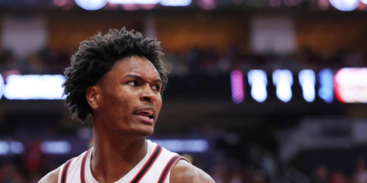 HOUSTON, TEXAS - DECEMBER 27: Amen Thompson #1 of the Houston Rockets reacts against the Minnesota Timberwolves during the first half at Toyota Center on December 27, 2024 in Houston, Texas. NOTE TO USER: User expressly acknowledges and agrees that, by downloading and or using this photograph, User is consenting to the terms and conditions of the Getty Images License Agreement.  (Photo by Alex Slitz/Getty Images)