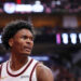 HOUSTON, TEXAS - DECEMBER 27: Amen Thompson #1 of the Houston Rockets reacts against the Minnesota Timberwolves during the first half at Toyota Center on December 27, 2024 in Houston, Texas. NOTE TO USER: User expressly acknowledges and agrees that, by downloading and or using this photograph, User is consenting to the terms and conditions of the Getty Images License Agreement.  (Photo by Alex Slitz/Getty Images)