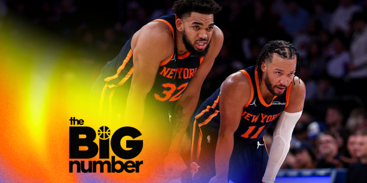 Karl-Anthony Towns #32 and Jalen Brunson #11 of the New York Knicks talk during a free throw by a teammate in the second half against the Milwaukee Bucks at Madison Square Garden on November 08, 2024 in New York City. (Photo by Elsa/Getty Images)