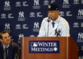 Giancarlo Stanton was introduced as a brand-new member of the New York Yankees at the 2017 winter meetings in Orlando. (Photo by Alex Trautwig/MLB via Getty Images)