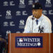 Giancarlo Stanton was introduced as a brand-new member of the New York Yankees at the 2017 winter meetings in Orlando. (Photo by Alex Trautwig/MLB via Getty Images)