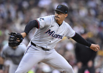 SAN DIEGO, CALIFORNIA - MAY 28: Jesus Luzardo #44 of the Miami Marlins pitches against the San Diego Padres during the second inning at Petco Park on May 28, 2024 in San Diego, California. (Photo by Orlando Ramirez/Getty Images)