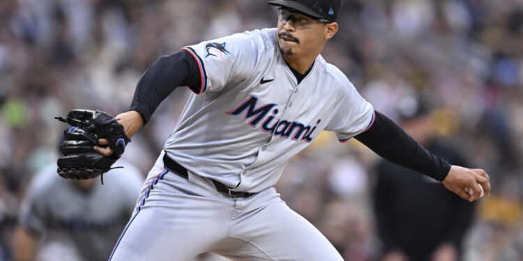 SAN DIEGO, CALIFORNIA - MAY 28: Jesus Luzardo #44 of the Miami Marlins pitches against the San Diego Padres during the second inning at Petco Park on May 28, 2024 in San Diego, California. (Photo by Orlando Ramirez/Getty Images)