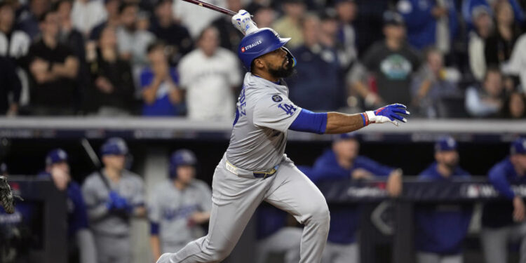 Teoscar Hernández helped the Dodgers win the World Series in his one season with the team. (AP Photo/Godofredo A. Vásquez)s a two-run double against the New York Yankees during the fifth inning in Game 5 of the baseball World Series, Wednesday, Oct. 30, 2024, in New York. (AP Photo/Godofredo A. Vásquez)