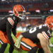 CLEVELAND, OHIO - NOVEMBER 21: Jameis Winston #5 of the Cleveland Browns warms up with Ethan Pocic #55 prior to an NFL football game against the Pittsburgh Steelers at Huntington Bank Field on November 21, 2024 in Cleveland, Ohio. (Photo by Kevin Sabitus/Getty Images)