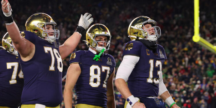 Riley Leonard and the Notre Dame Fighting Irish fed off the home crowd in South Bend all night on Friday. (Michael Reaves/Getty Images)