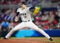 MIAMI, FL - MARCH 20:  Roki Sasaki #14 of Team Japan pitches during the 2023 World Baseball Classic Semifinal game between Team Mexico and Team Japan at loanDepot Park on Monday, March 20, 2023 in Miami, Florida. (Photo by Daniel Shirey/WBCI/MLB Photos via Getty Images)