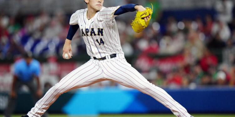 MIAMI, FL - MARCH 20:  Roki Sasaki #14 of Team Japan pitches during the 2023 World Baseball Classic Semifinal game between Team Mexico and Team Japan at loanDepot Park on Monday, March 20, 2023 in Miami, Florida. (Photo by Daniel Shirey/WBCI/MLB Photos via Getty Images)