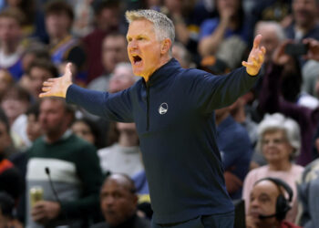 DENVER, COLORADO - DECEMBER 03: Head coach Steve Kerr of the Golden State Warriors questions the officials while playing against the Denver Nuggets in the fourth quarter of the Emirates NBA Cup at Ball Arena on December 3, 2024 in Denver, Colorado. NOTE TO USER: User expressly acknowledges and agrees that, by downloading and or using this photograph, User is consenting to the terms and conditions of the Getty Images License Agreement.  (Photo by Matthew Stockman/Getty Images)