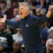 DENVER, COLORADO - DECEMBER 03: Head coach Steve Kerr of the Golden State Warriors questions the officials while playing against the Denver Nuggets in the fourth quarter of the Emirates NBA Cup at Ball Arena on December 3, 2024 in Denver, Colorado. NOTE TO USER: User expressly acknowledges and agrees that, by downloading and or using this photograph, User is consenting to the terms and conditions of the Getty Images License Agreement.  (Photo by Matthew Stockman/Getty Images)