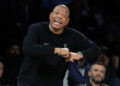 LAS VEGAS, NEVADA - DECEMBER 14: Head coach Doc Rivers of the Milwaukee Bucks gestures in the first half of a semifinal game of the Emirates NBA Cup against the Atlanta Hawks at T-Mobile Arena on December 14, 2024 in Las Vegas, Nevada. The Bucks defeated the Hawks 110-102. NOTE TO USER: User expressly acknowledges and agrees that, by downloading and or using this photograph, User is consenting to the terms and conditions of the Getty Images License Agreement. (Photo by Ethan Miller/Getty Images)