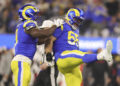 Los Angeles Rams defensive tackle Braden Fiske (55) celebrates after sacking Arizona Cardinals quarterback Kyler Murray during the first half of an NFL football game Saturday, Dec. 28, 2024, in Inglewood, Calif. (AP Photo/Ryan Sun)