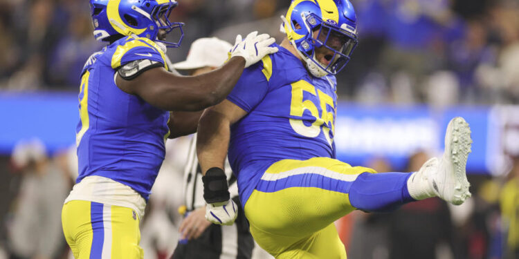 Los Angeles Rams defensive tackle Braden Fiske (55) celebrates after sacking Arizona Cardinals quarterback Kyler Murray during the first half of an NFL football game Saturday, Dec. 28, 2024, in Inglewood, Calif. (AP Photo/Ryan Sun)