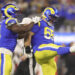 Los Angeles Rams defensive tackle Braden Fiske (55) celebrates after sacking Arizona Cardinals quarterback Kyler Murray during the first half of an NFL football game Saturday, Dec. 28, 2024, in Inglewood, Calif. (AP Photo/Ryan Sun)