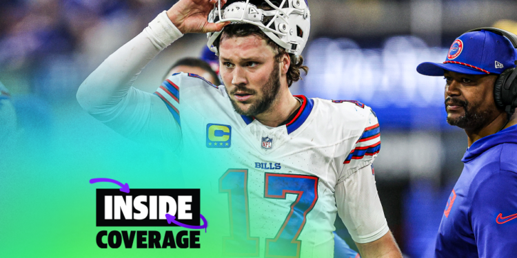 INGLEWOOD, CALIFORNIA - DECEMBER 08: Josh Allen #17 of the Buffalo Bills reacts in the fourth quarter of a game against the Los Angeles Rams at SoFi Stadium on December 08, 2024 in Inglewood, California. (Photo by Harry How/Getty Images)