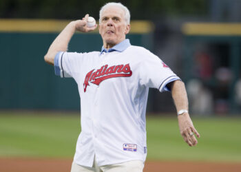 CLEVELAND, OH - AUGUST 10: Cleveland Indians hall of famer Rocky Colavito throws out the first pitch prior to the game between the Cleveland Indians and the Los Angeles Angels of Anaheim at Progressive Field on August 10, 2013 in Cleveland, Ohio.  (Photo by Jason Miller/Getty Images)