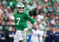 PHILADELPHIA, PENNSYLVANIA - DECEMBER 29: Kenny Pickett #7 of the Philadelphia Eagles looks on during the second quarter against the Dallas Cowboys at Lincoln Financial Field on December 29, 2024 in Philadelphia, Pennsylvania. (Photo by Mitchell Leff/Getty Images)