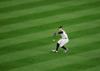 NEW YORK, NEW YORK - The Yankees were winning 5-0 in the fifth inning of Game 5 of the 2024 World Series when Aaron Judge dropped a Tommy Edman fly ball, which jump-started a Dodgers' comeback. (Photo by Al Bello/Getty Images)